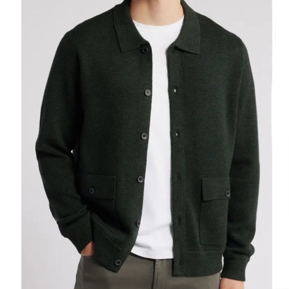 ROBERT BARAKETT | Bristol Collared Merino Wool Milano Stitch Cardigan Olive | XL